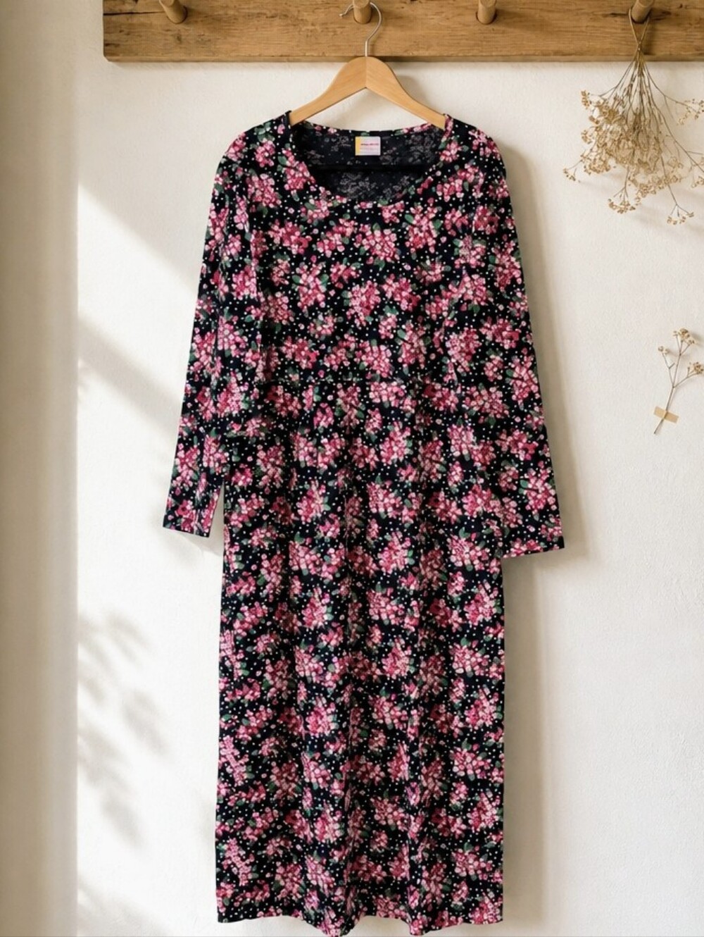 Hanna Andersson Floral Midi Dress Women's Large Blue Cotton Long Sleeve USA Made